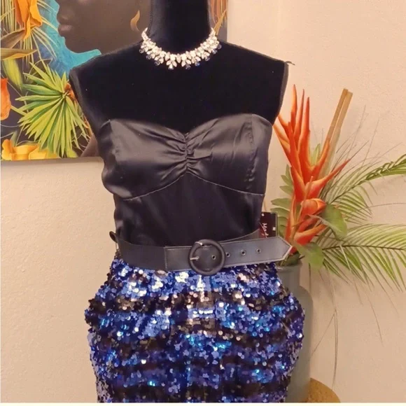 Black Satin Top with Blue Sequin Dress - Picture 3 of 3